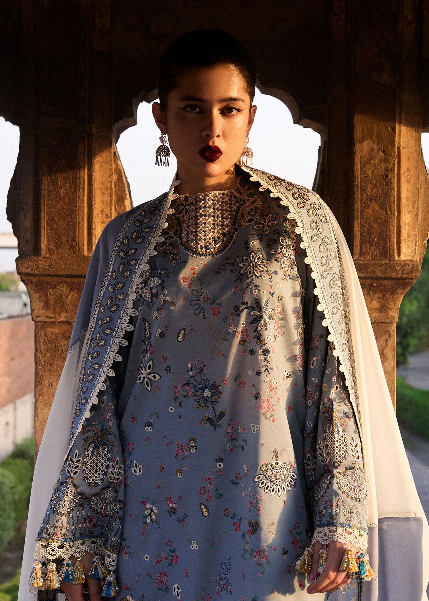 Model wearing powder blue Fira from Hussain Rehar Nirmal SS '25, Pakistani luxury pret and Pakistani clothes online in UK.