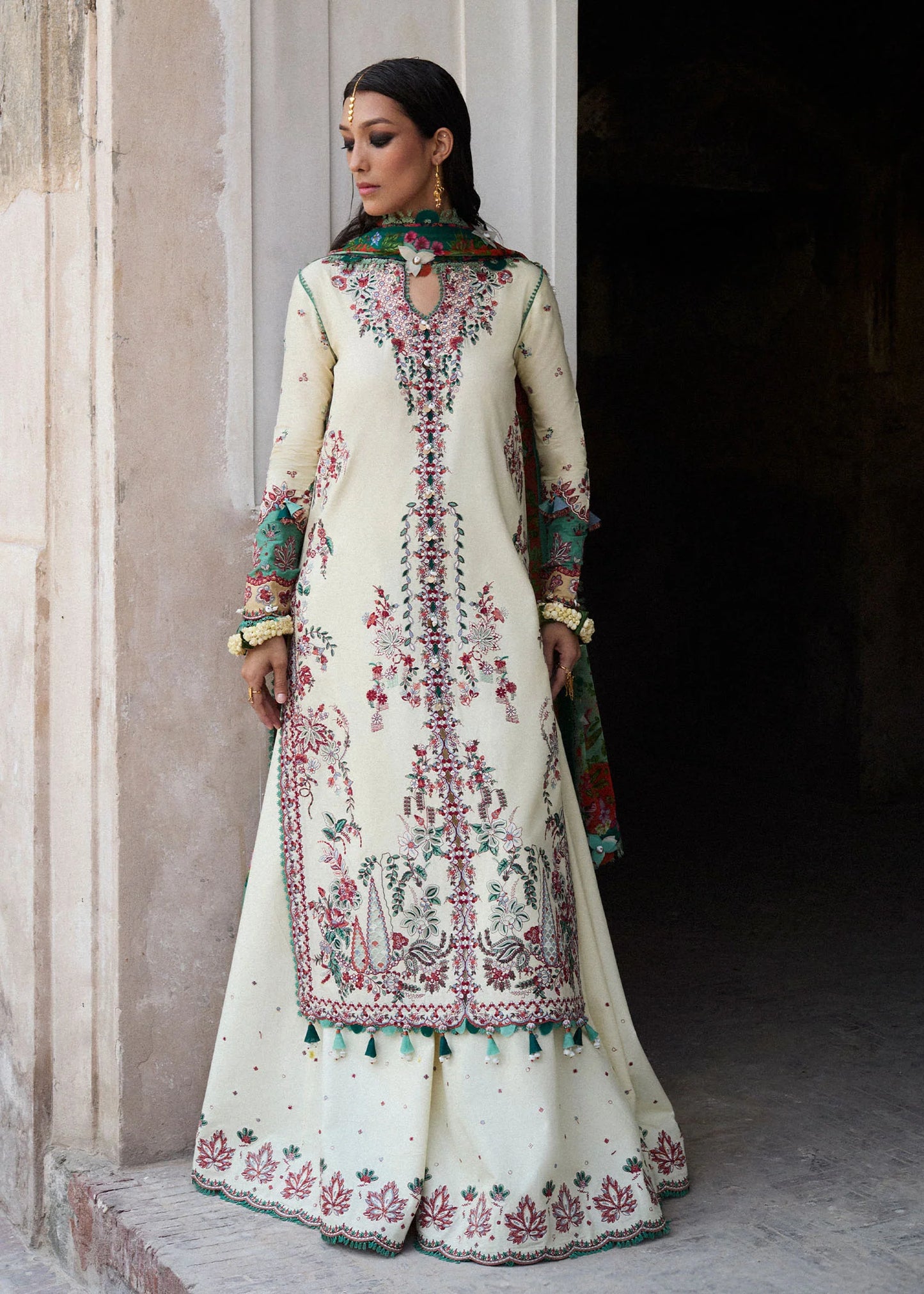 Model wearing cream and green Sahil from Hussain Rehar Nirmal SS '25, Pakistani luxury pret and Pakistani clothes online in UK.