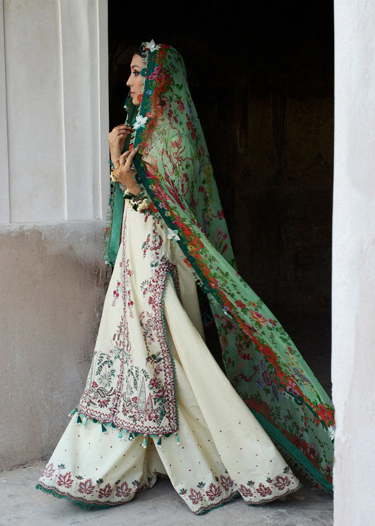 Model wearing cream and green Sahil from Hussain Rehar Nirmal SS '25, Pakistani luxury pret and Pakistani clothes online in UK.