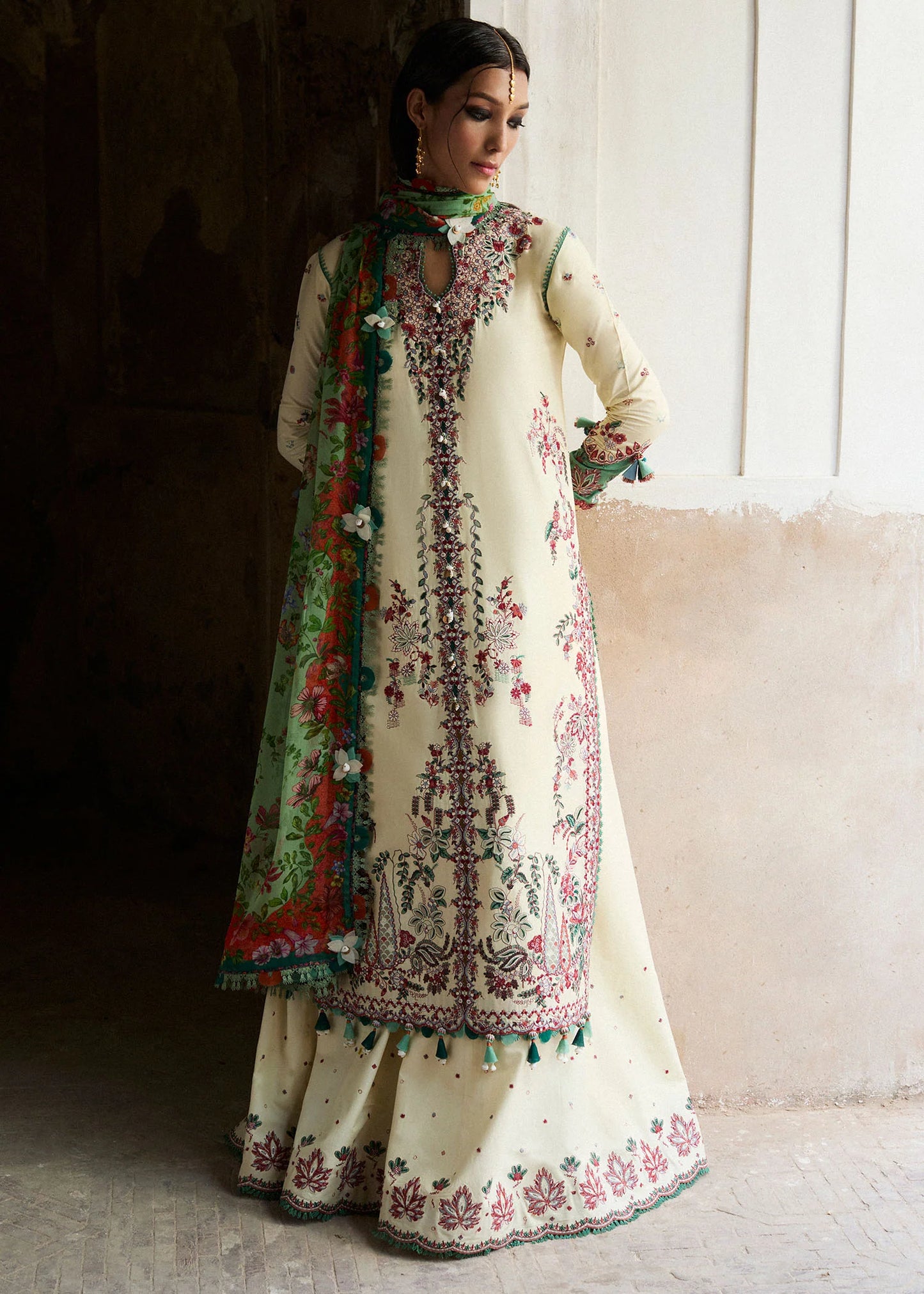 Model wearing cream and green Sahil from Hussain Rehar Nirmal SS '25, Pakistani luxury pret and Pakistani clothes online in UK.