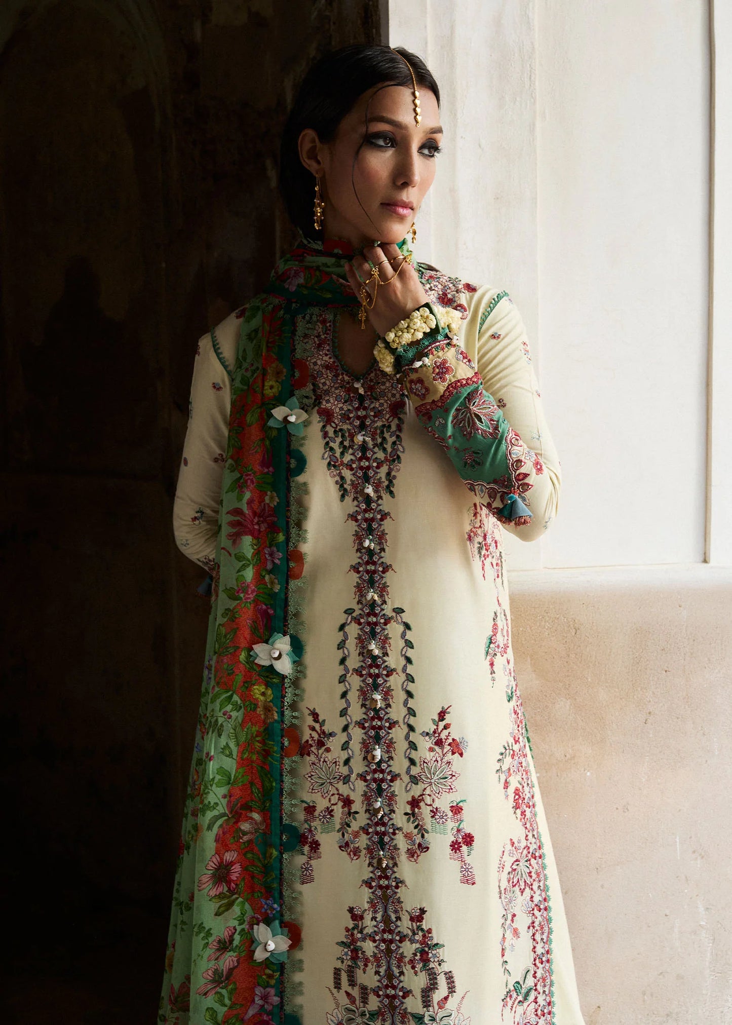 Model wearing cream and green Sahil from Hussain Rehar Nirmal SS '25, Pakistani luxury pret and Pakistani clothes online in UK.