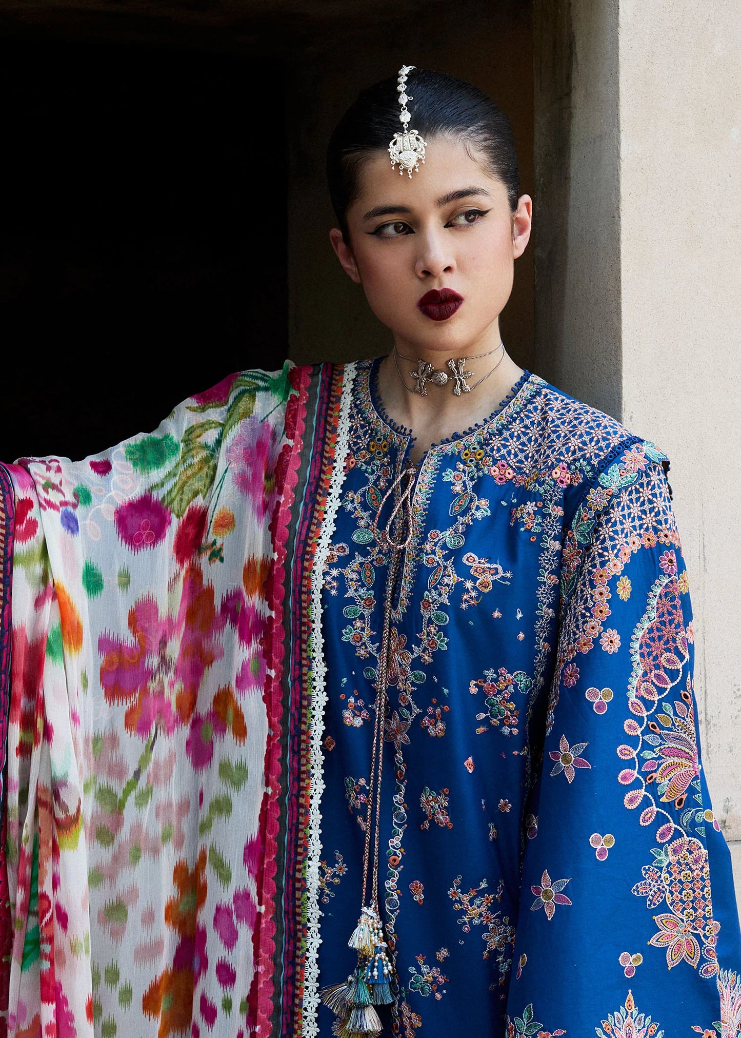 Model wearing royal blue Zarqa from Hussain Rehar Nirmal SS '25, Pakistani luxury pret and Pakistani clothes online in UK.