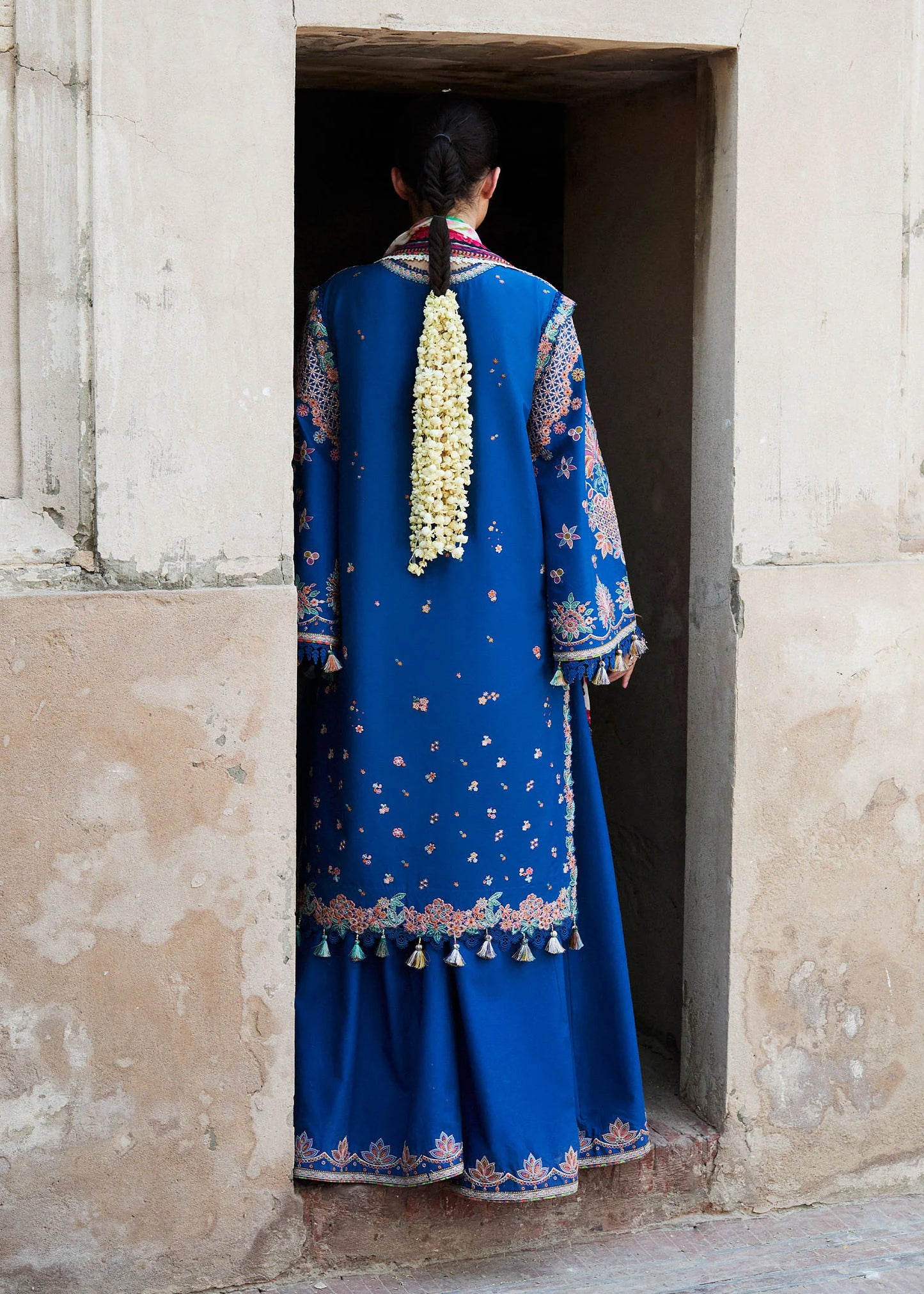 Model wearing royal blue Zarqa from Hussain Rehar Nirmal SS '25, Pakistani luxury pret and Pakistani clothes online in UK.