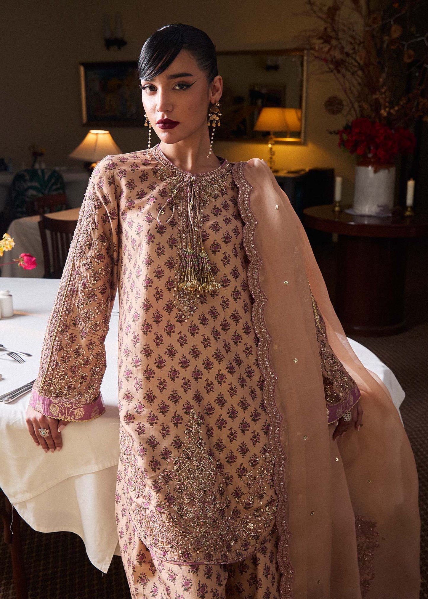 Model wearing Hussain Rehar SS Luxury Pret '25 Fran in beige with intricate embroidery. Shop Pakistani luxury pret online in the UK.