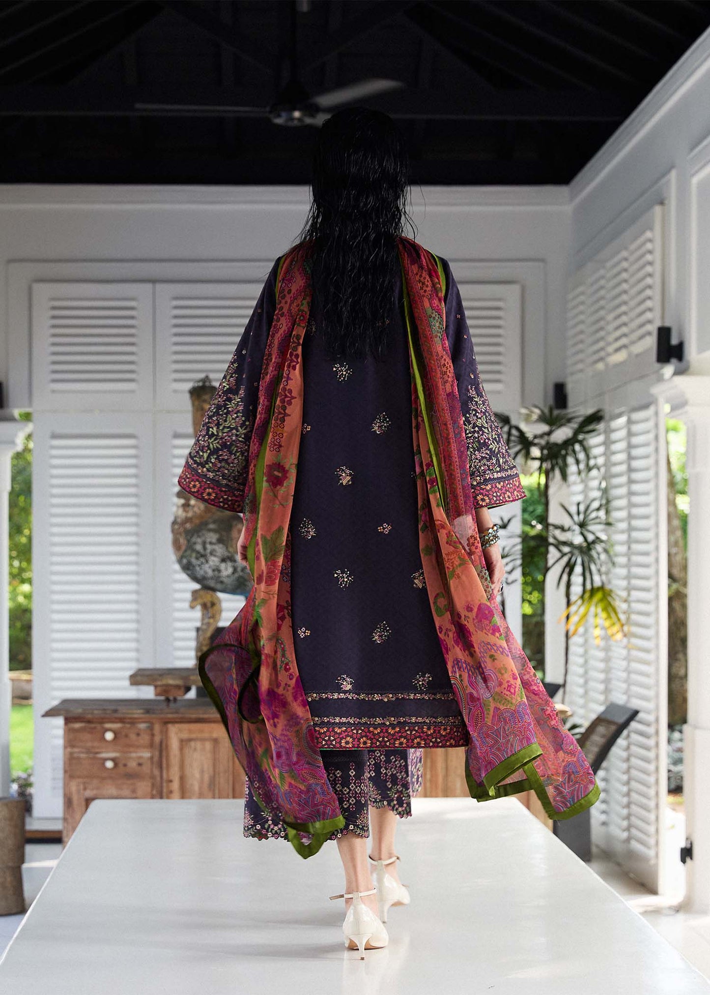 Model wearing deep purple embroidered Joao outfit from Hussain Rehar Pret SS '25, Pakistani luxury pret and clothes online in UK.
