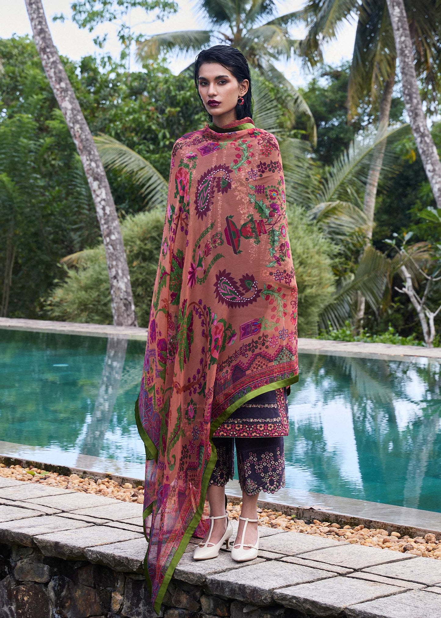 Model wearing deep purple embroidered Joao outfit from Hussain Rehar Pret SS '25, Pakistani luxury pret and clothes online in UK.