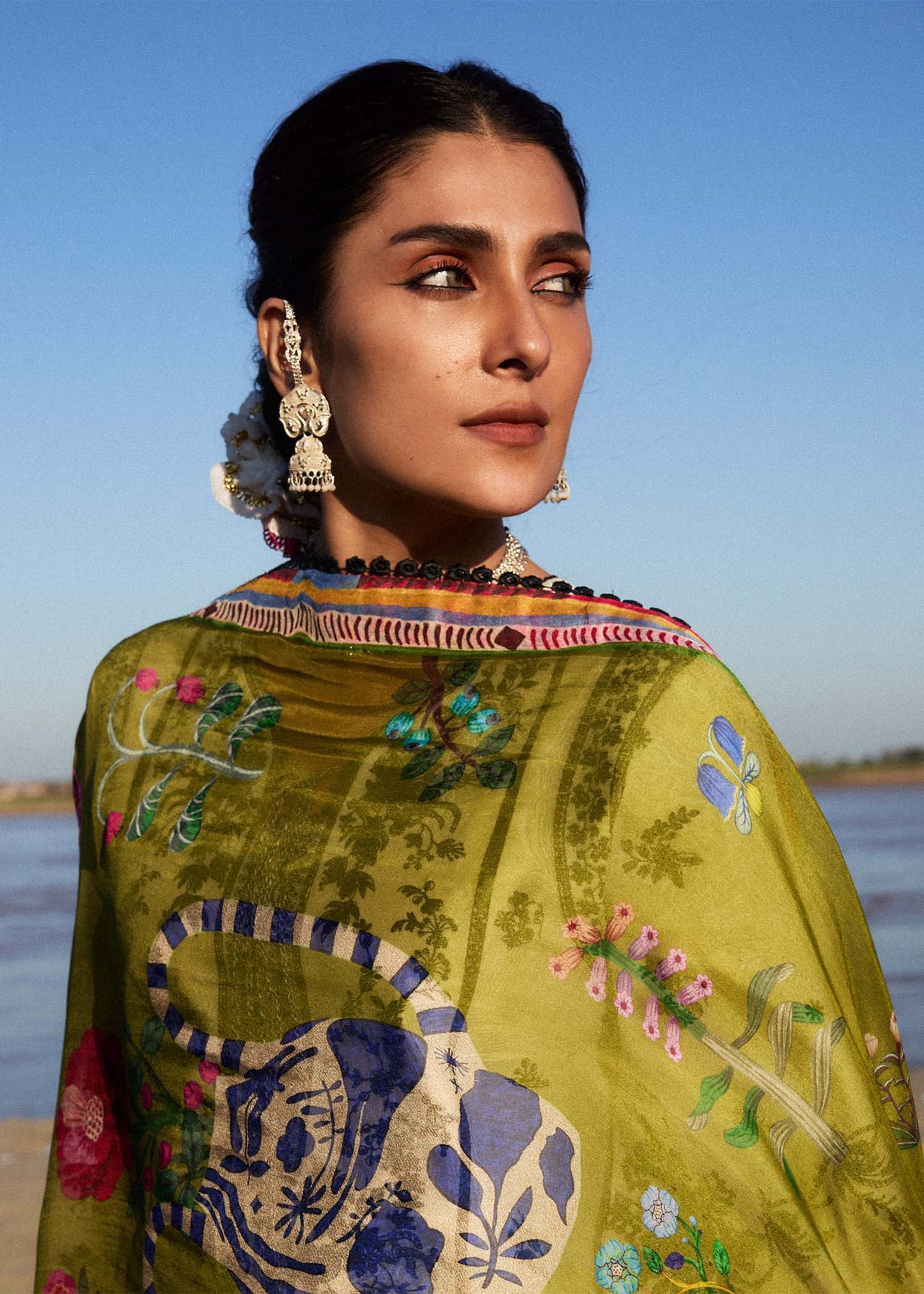 Model wearing cream and black dress Suroor by Hussain Rehar, Pakistani luxury pret online in UK.