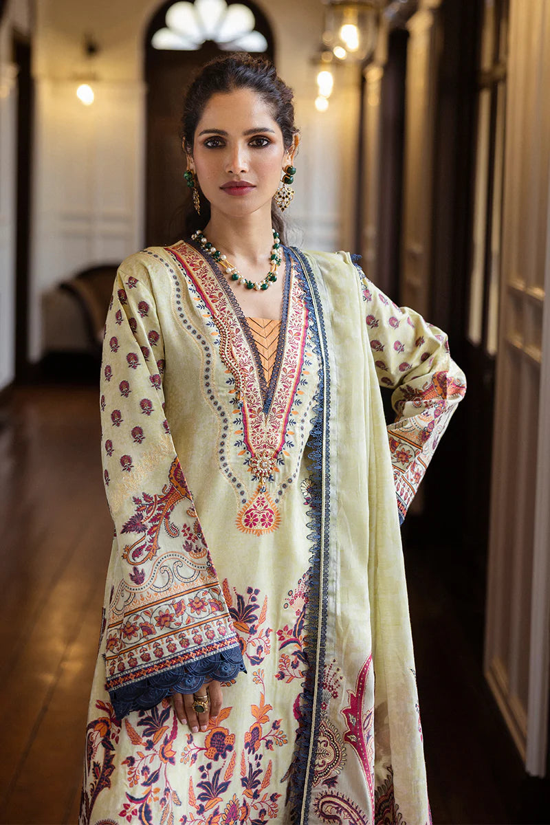 Model wearing cream and rust Letizia dress from Mushq Seraph Jacquard Lawn '25, Pakistani Luxury pret, Pakistani clothes online in UK.