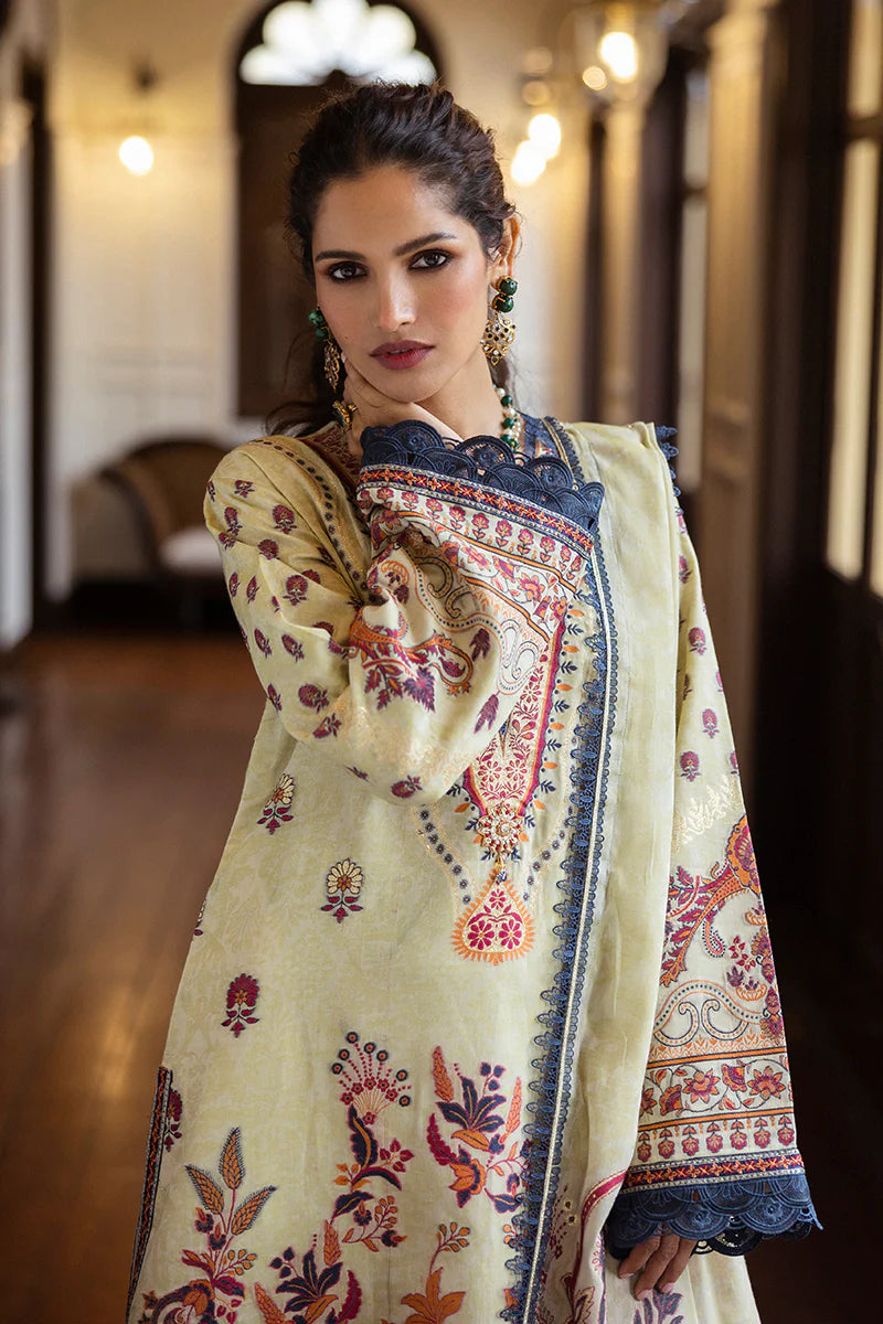 Model wearing cream and rust Letizia dress from Mushq Seraph Jacquard Lawn '25, Pakistani Luxury pret, Pakistani clothes online in UK.