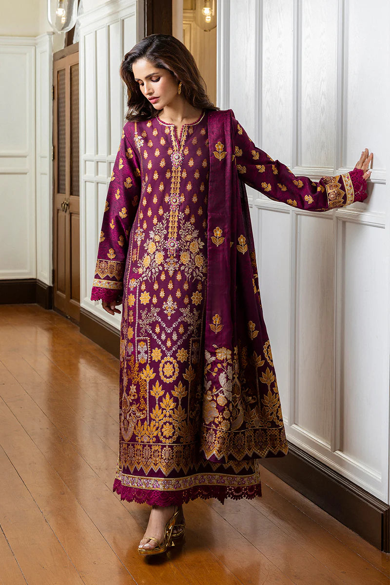 Model wearing purple and gold Eleanor dress from Mushq Seraph Jacquard Lawn '25, Pakistani Luxury pret, Pakistani clothes online in UK.