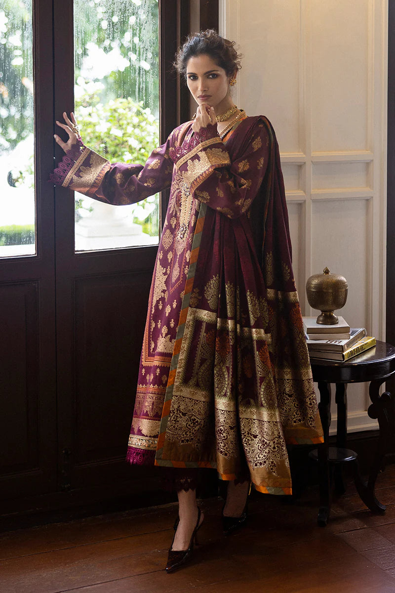 Model wearing deep maroon Morphea dress from Mushq Seraph Jacquard Lawn '25, Pakistani Luxury pret, Pakistani clothes online in UK.