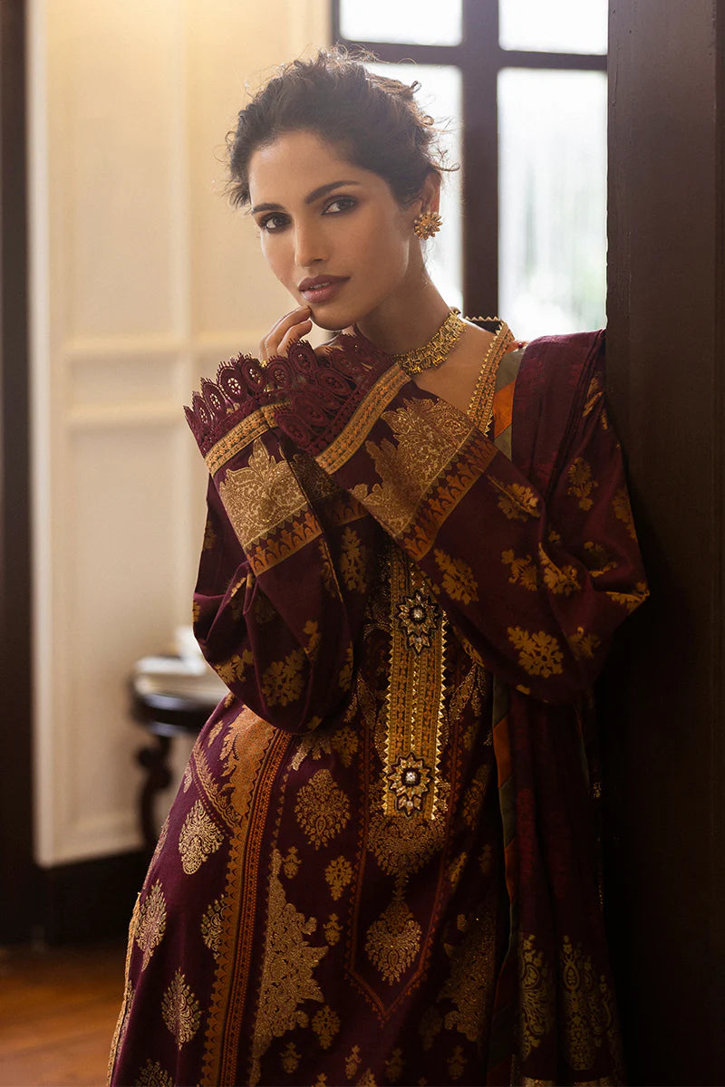Model wearing deep maroon Morphea dress from Mushq Seraph Jacquard Lawn '25, Pakistani Luxury pret, Pakistani clothes online in UK.