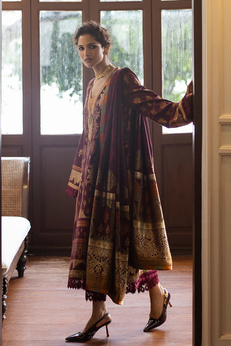 Model wearing deep maroon Morphea dress from Mushq Seraph Jacquard Lawn '25, Pakistani Luxury pret, Pakistani clothes online in UK.