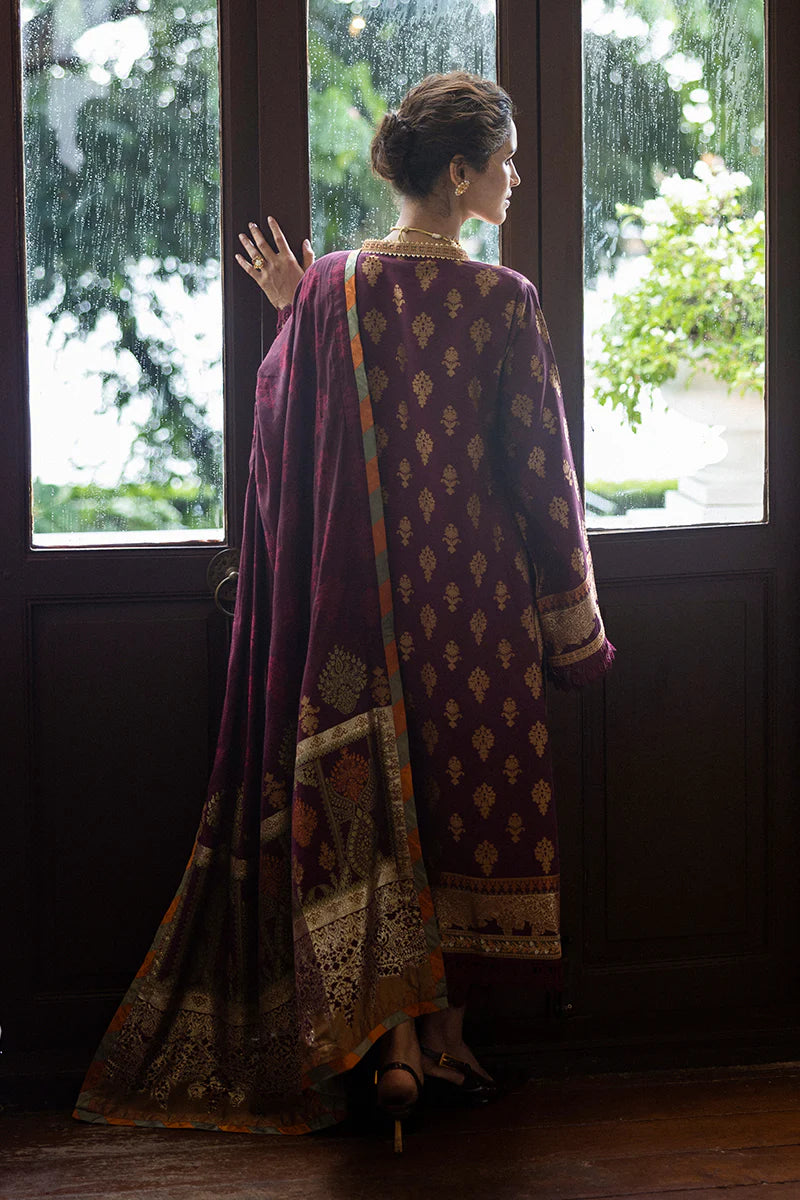 Model wearing deep maroon Morphea dress from Mushq Seraph Jacquard Lawn '25, Pakistani Luxury pret, Pakistani clothes online in UK.