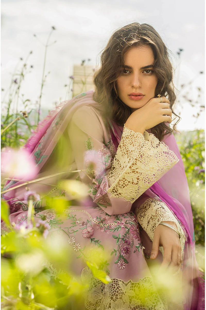 Model wearing lavender pink Lavendar Whispers dress from Mushq Secret Garden Spring/Summer '25, Pakistani Luxury pret, Pakistani clothes online in UK.