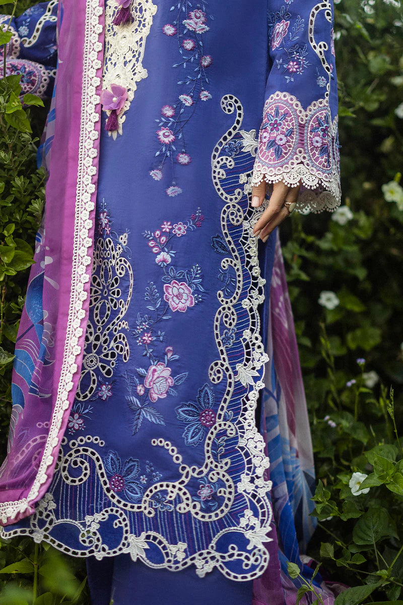 Model wearing deep blue Dreamisy Daisy dress from Mushq Secret Garden Spring/Summer '25, Pakistani Luxury pret, Pakistani clothes online in UK.