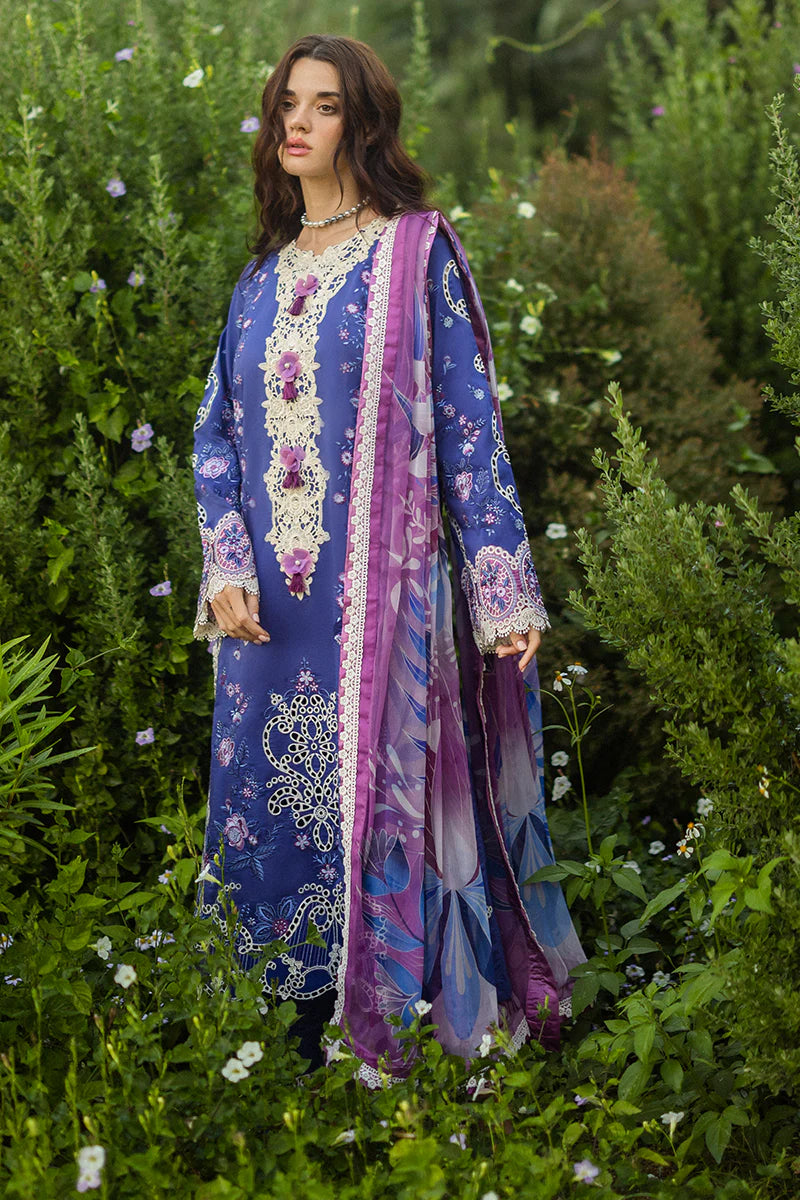 Model wearing deep blue Dreamisy Daisy dress from Mushq Secret Garden Spring/Summer '25, Pakistani Luxury pret, Pakistani clothes online in UK.