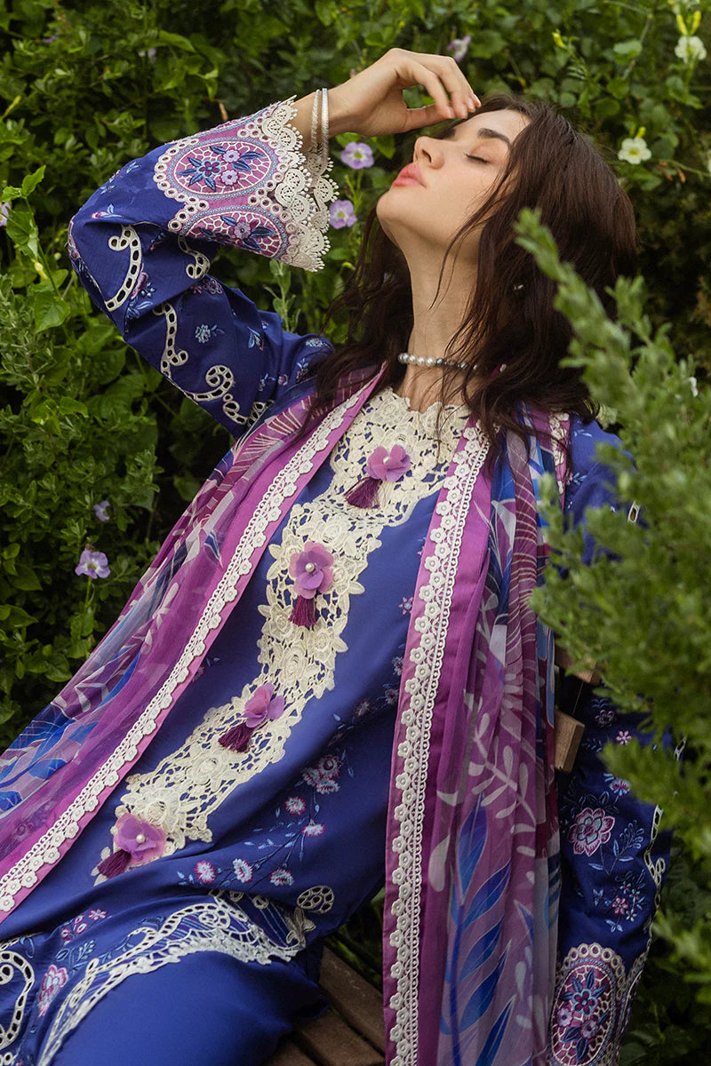 Model wearing deep blue Dreamisy Daisy dress from Mushq Secret Garden Spring/Summer '25, Pakistani Luxury pret, Pakistani clothes online in UK.