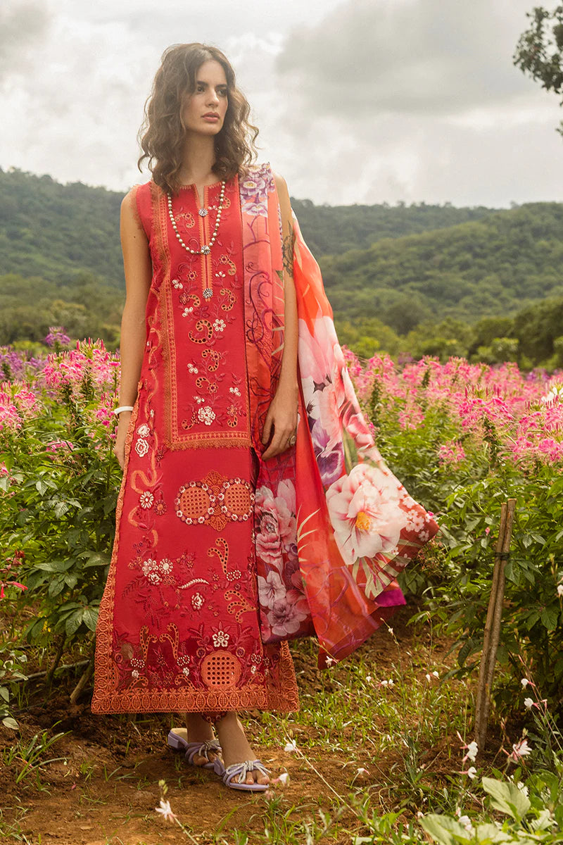 Model wearing red Wanderlust Blooms dress from Mushq Secret Garden Spring/Summer '25, Pakistani Luxury pret, Pakistani clothes online in UK.