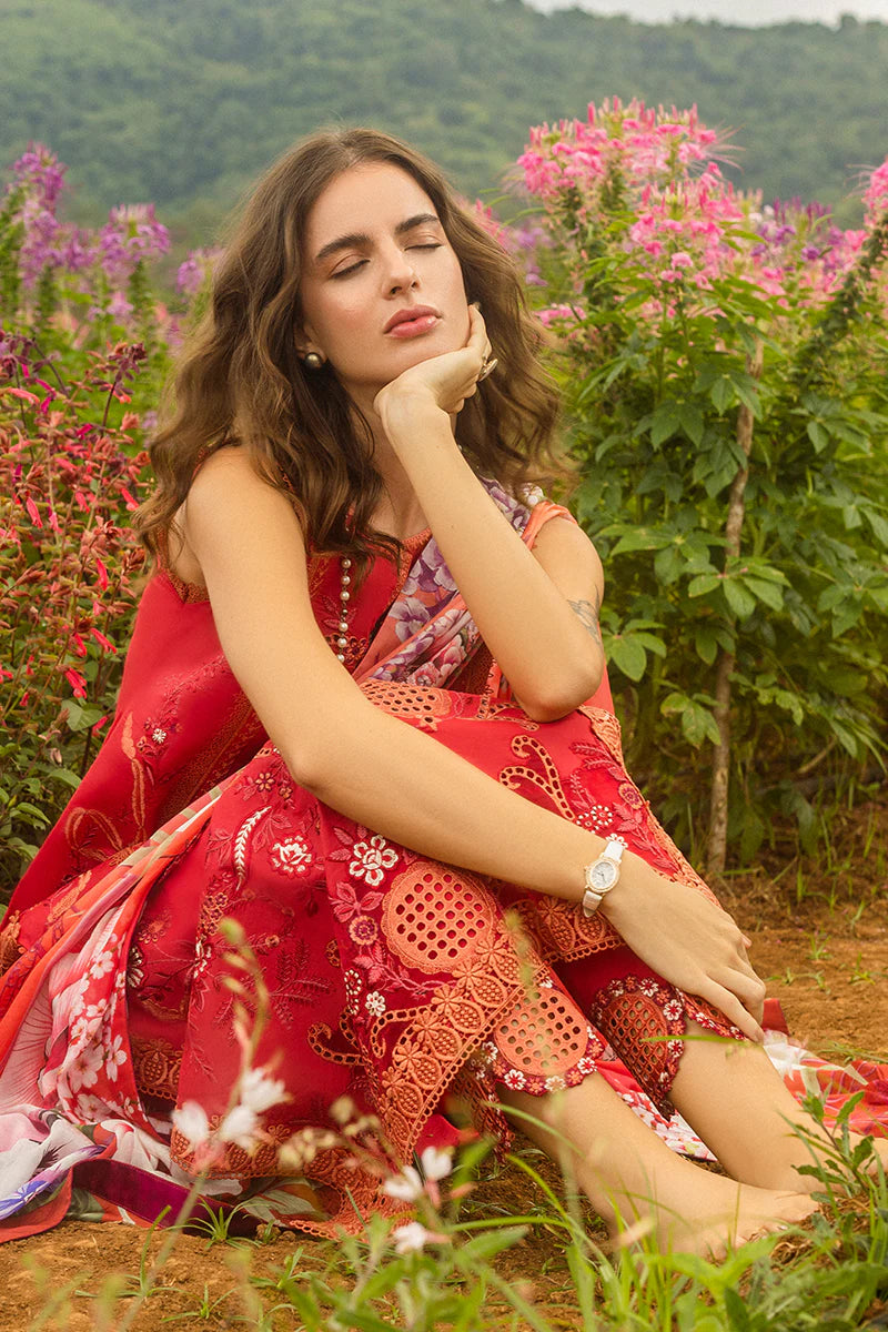 Model wearing red Wanderlust Blooms dress from Mushq Secret Garden Spring/Summer '25, Pakistani Luxury pret, Pakistani clothes online in UK.