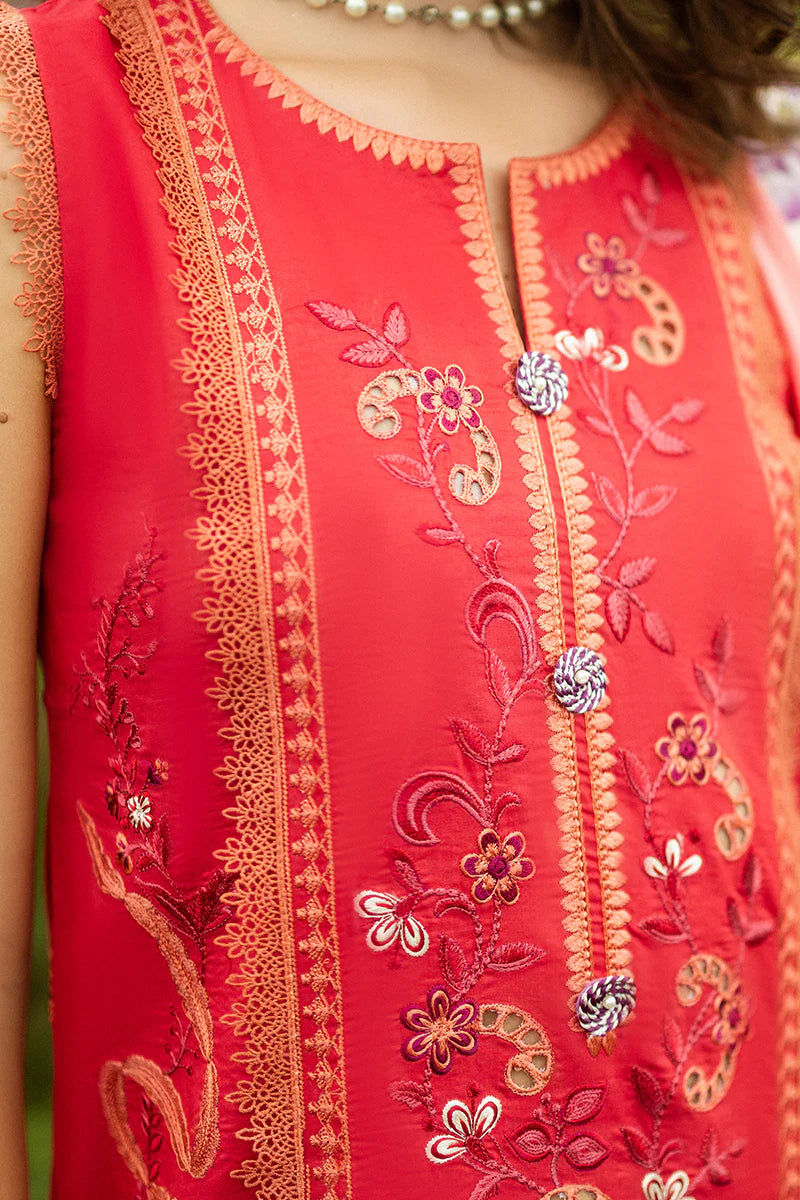Model wearing red Wanderlust Blooms dress from Mushq Secret Garden Spring/Summer '25, Pakistani Luxury pret, Pakistani clothes online in UK.
