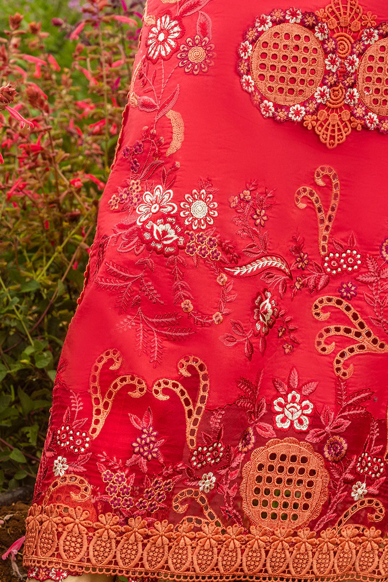 Model wearing red Wanderlust Blooms dress from Mushq Secret Garden Spring/Summer '25, Pakistani Luxury pret, Pakistani clothes online in UK.