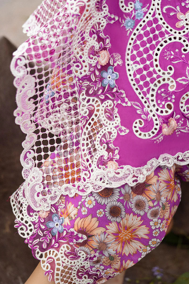 Model wearing purple Mystic Rose dress from Mushq Secret Garden Spring/Summer '25, Pakistani Luxury pret, Pakistani clothes online in UK.