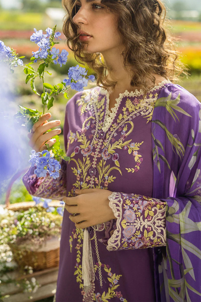 Model wearing deep purple Celestial Bloom dress from Mushq Secret Garden Spring/Summer '25, Pakistani Luxury pret, Pakistani clothes online in UK.