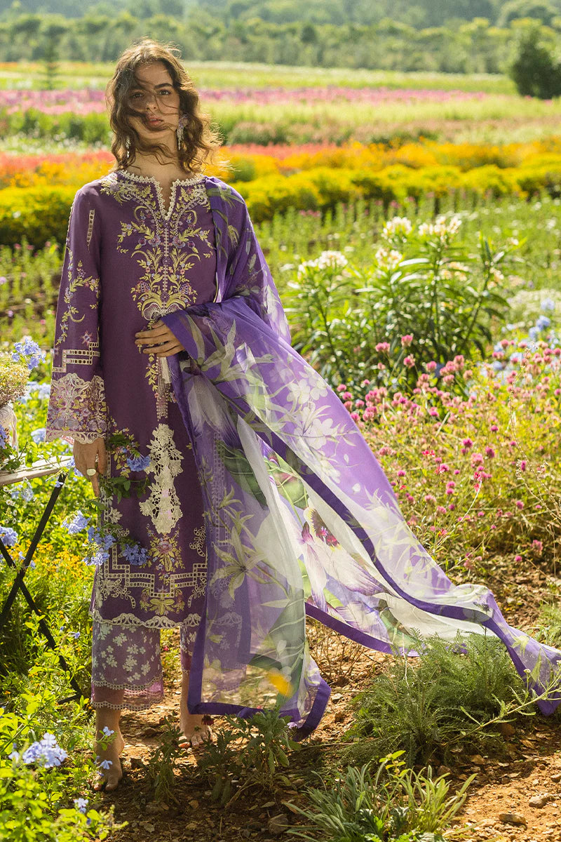 Model wearing deep purple Celestial Bloom dress from Mushq Secret Garden Spring/Summer '25, Pakistani Luxury pret, Pakistani clothes online in UK.