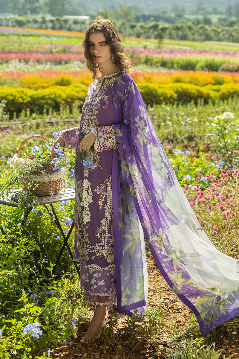Model wearing deep purple Celestial Bloom dress from Mushq Secret Garden Spring/Summer '25, Pakistani Luxury pret, Pakistani clothes online in UK.