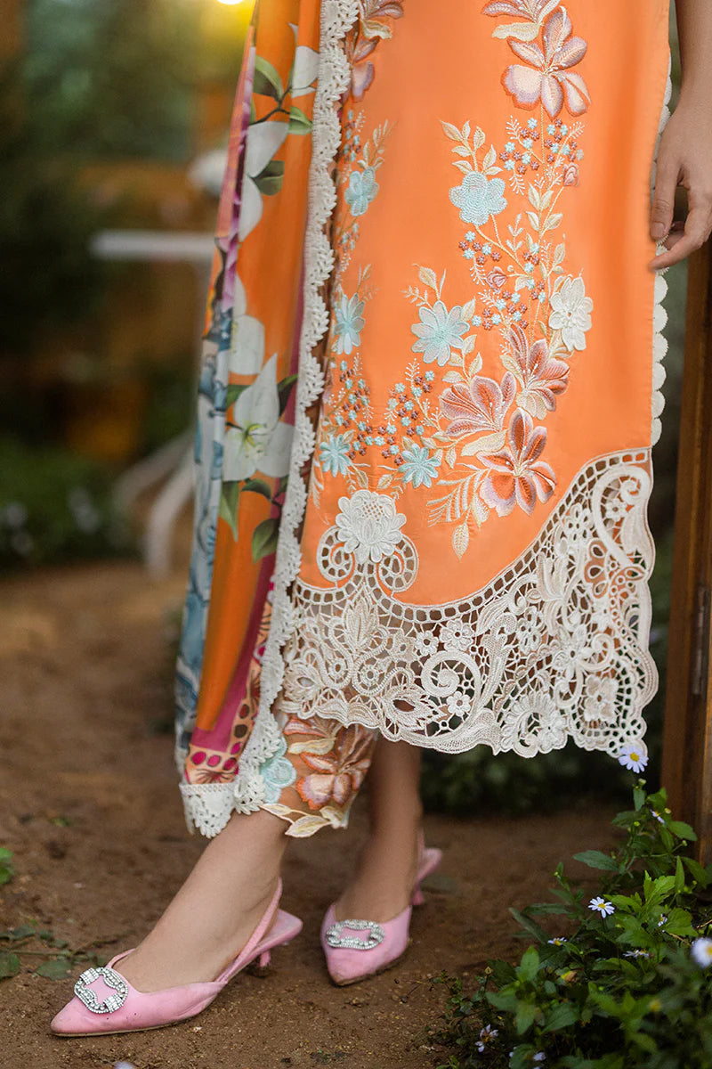 Model wearing orange Silent Petals dress from Mushq Secret Garden Spring/Summer '25, Pakistani Luxury pret, Pakistani clothes online in UK.