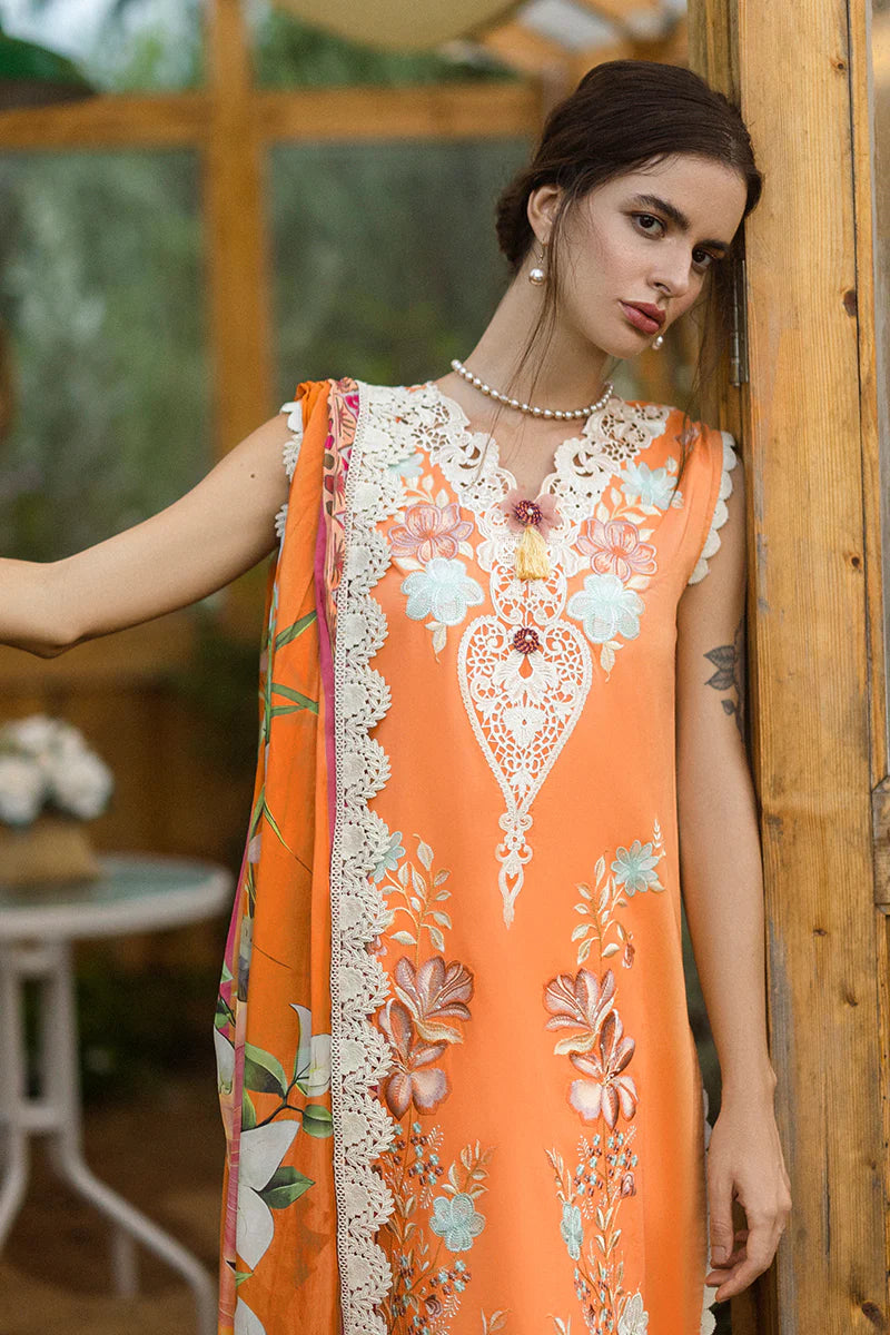 Model wearing orange Silent Petals dress from Mushq Secret Garden Spring/Summer '25, Pakistani Luxury pret, Pakistani clothes online in UK.