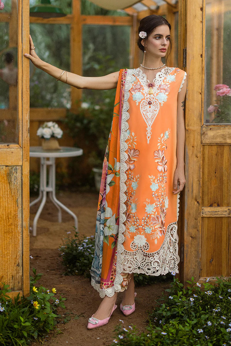 Model wearing orange Silent Petals dress from Mushq Secret Garden Spring/Summer '25, Pakistani Luxury pret, Pakistani clothes online in UK.