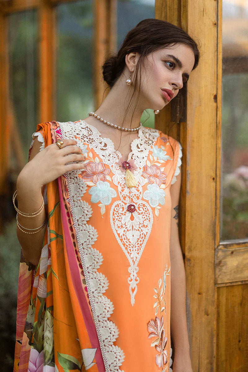 Model wearing orange Silent Petals dress from Mushq Secret Garden Spring/Summer '25, Pakistani Luxury pret, Pakistani clothes online in UK.
