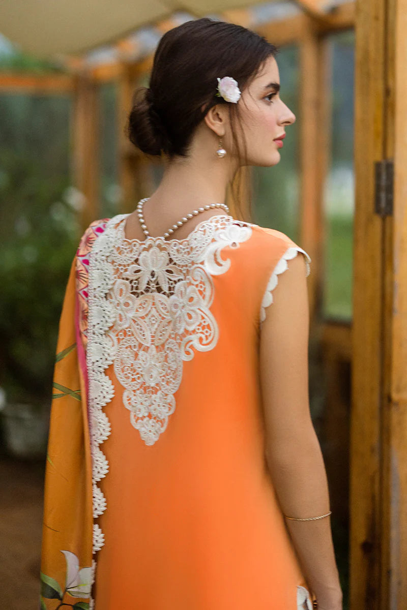 Model wearing orange Silent Petals dress from Mushq Secret Garden Spring/Summer '25, Pakistani Luxury pret, Pakistani clothes online in UK.
