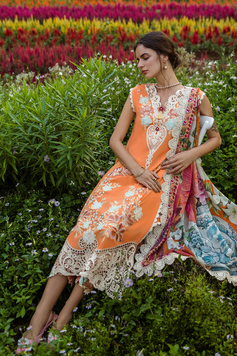 Model wearing orange Silent Petals dress from Mushq Secret Garden Spring/Summer '25, Pakistani Luxury pret, Pakistani clothes online in UK.