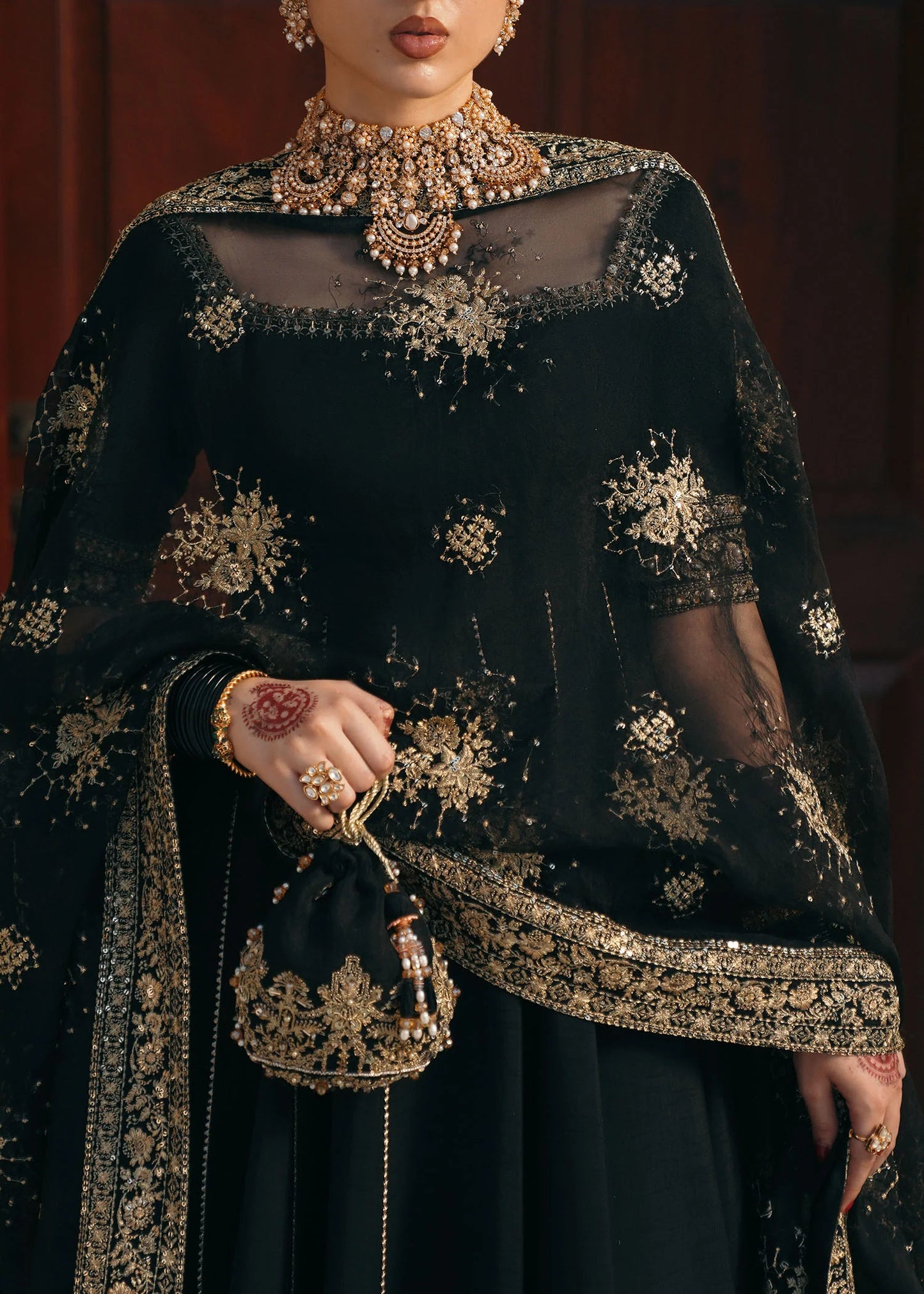 Model wearing Kajal by Kanwal Malik in black with gold embroidery and sheer dupatta – striking Pakistani luxury pret outfit in UK.