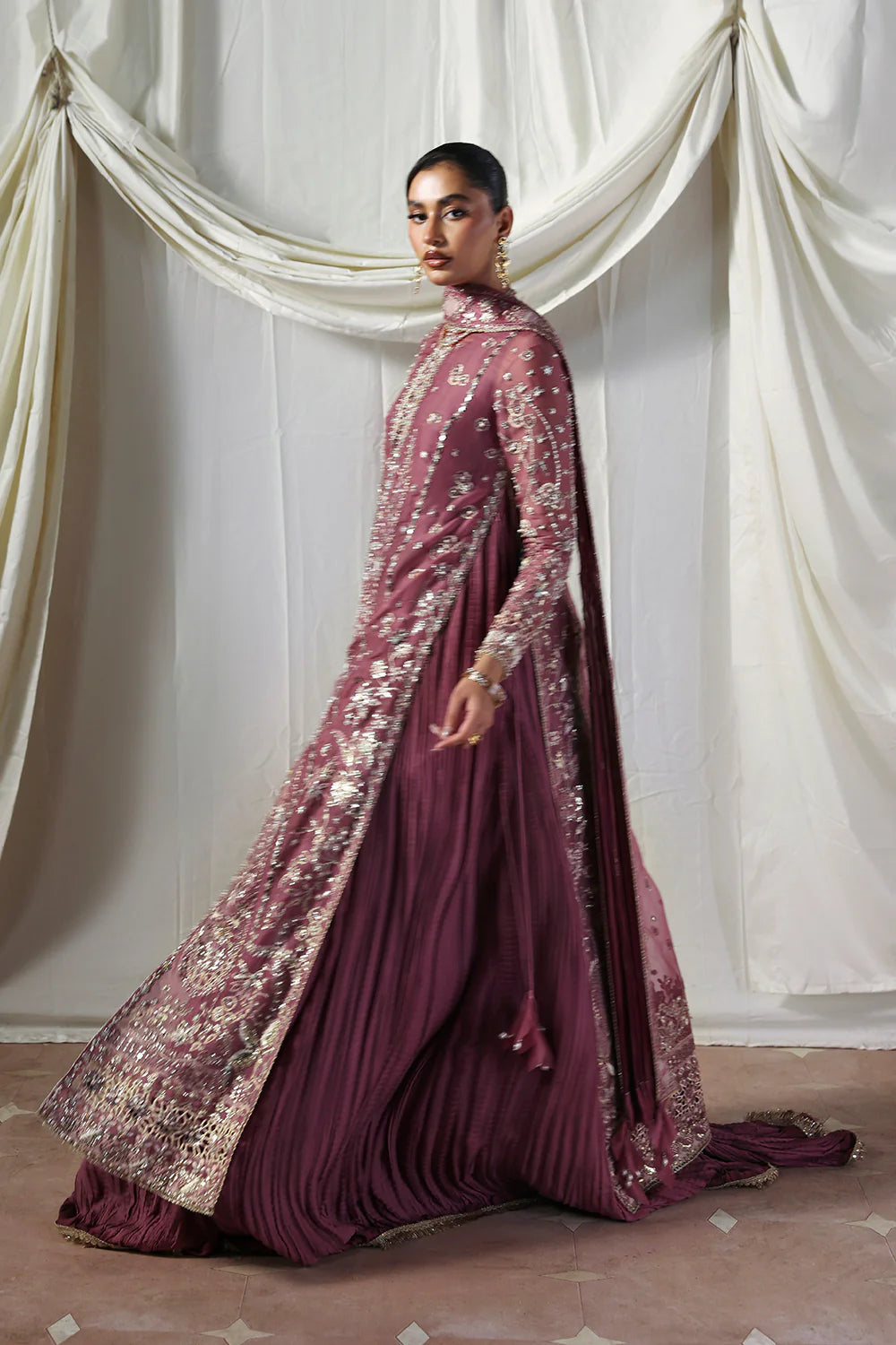 Model wearing Isolde by Soraya in deep mauve embellished outfit – Pakistani luxury pret perfect for festive wear, shop online in UK.