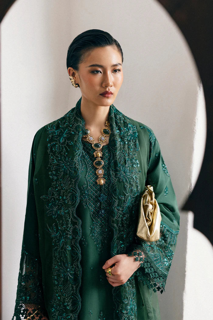 Model wearing emerald green Saira Rizwan CLAIR SREP08-25 from Sajri Eid Pret '25, Pakistani luxury pret outfit available online in UK.
