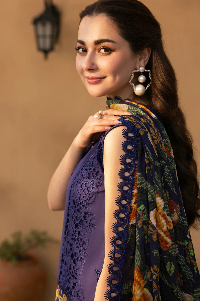Model wearing deep purple embroidered dress from Saira Rizwan Luxury Lawn '25 AIMEE-SRL25-01, Pakistani Luxury pret online in UK.