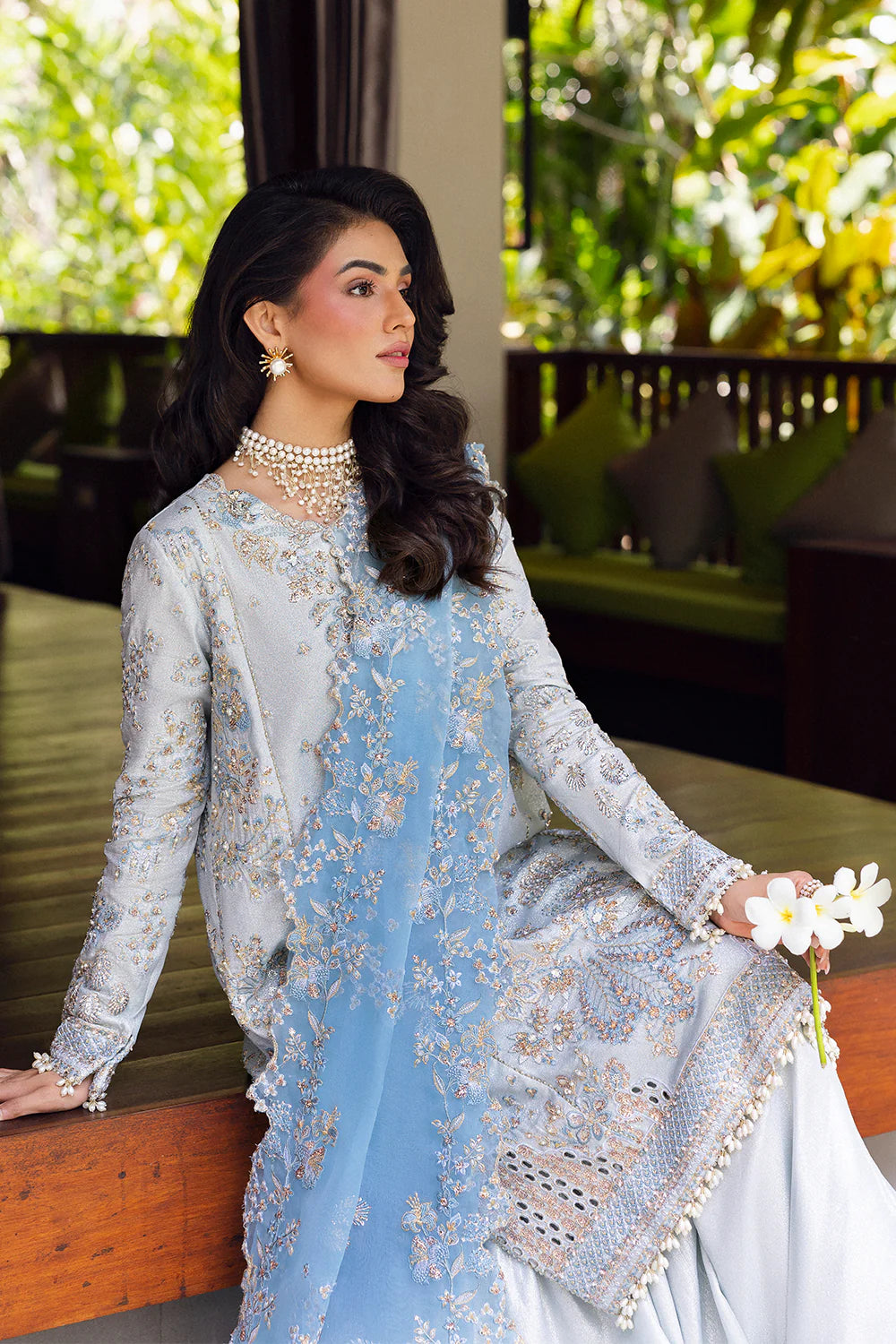 Model wearing Saira Rizwan SORAYA-SRF25-06 in ice blue with silver embroidery – Pakistani luxury pret, shop online in UK.