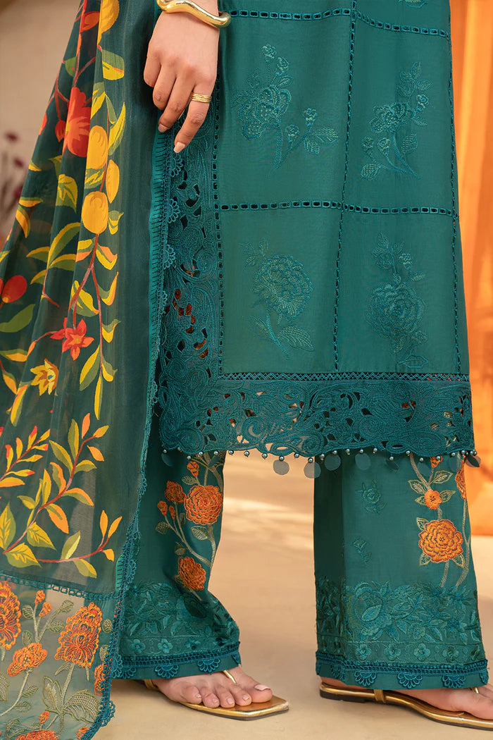 Model wearing emerald green embroidered dress with floral printed dupatta from Saira Rizwan, Pakistani luxury pret, Pakistani clothes online in UK.