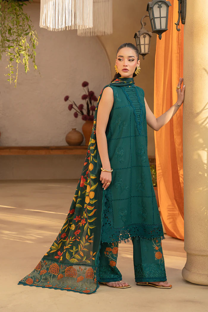 Model wearing emerald green embroidered dress with floral printed dupatta from Saira Rizwan, Pakistani luxury pret, Pakistani clothes online in UK.
