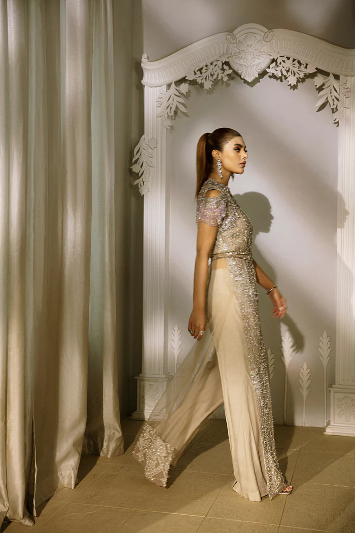 Model wearing Saira Rizwan ILLIANA Luxury Pret Amelia dress, showcasing Pakistani clothes online in the UK.