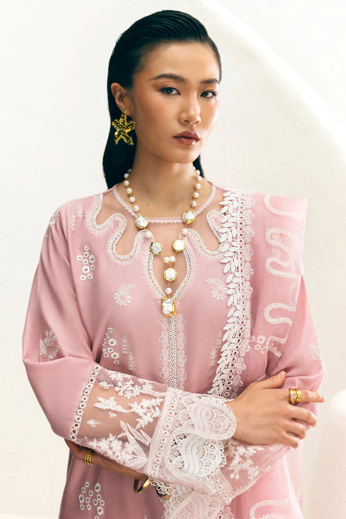 Model wearing blush pink Saira Rizwan JOIE SREP04-25 from Sajri Eid Pret '25, Pakistani luxury pret, shop Saira Rizwan clothes online in UK.