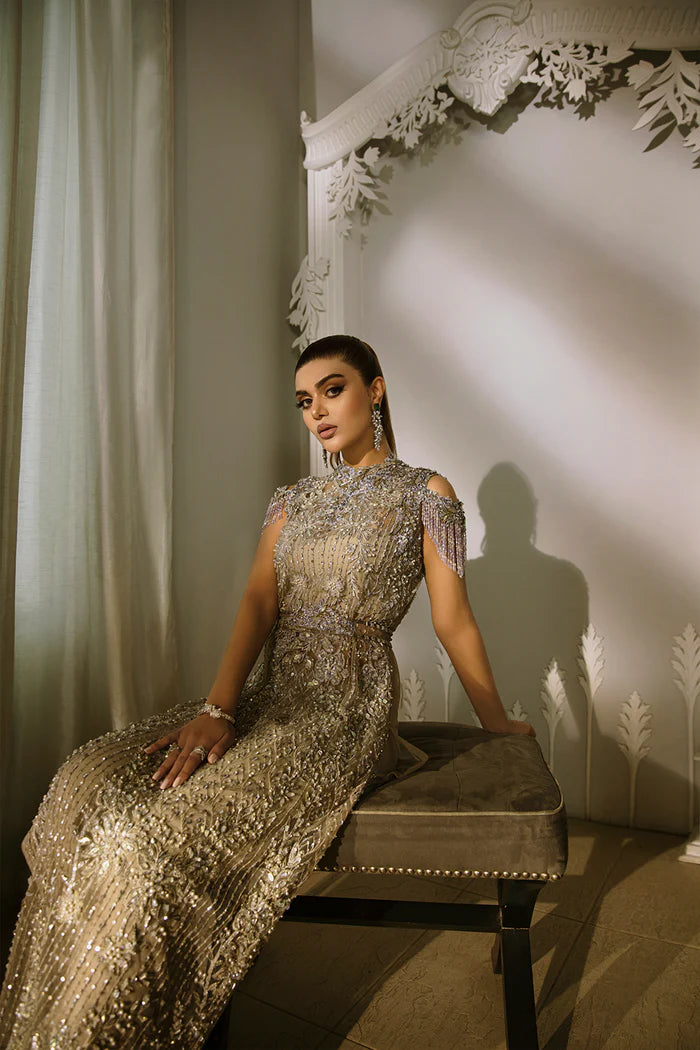 Model wearing Saira Rizwan ILLIANA Luxury Pret Amelia dress, showcasing Pakistani clothes online in the UK.