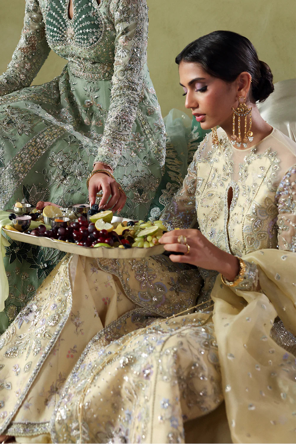 Model wearing Liora by Soraya in soft mustard embellished saree – Pakistani luxury pret ideal for weddings, shop Pakistani clothes online in UK.