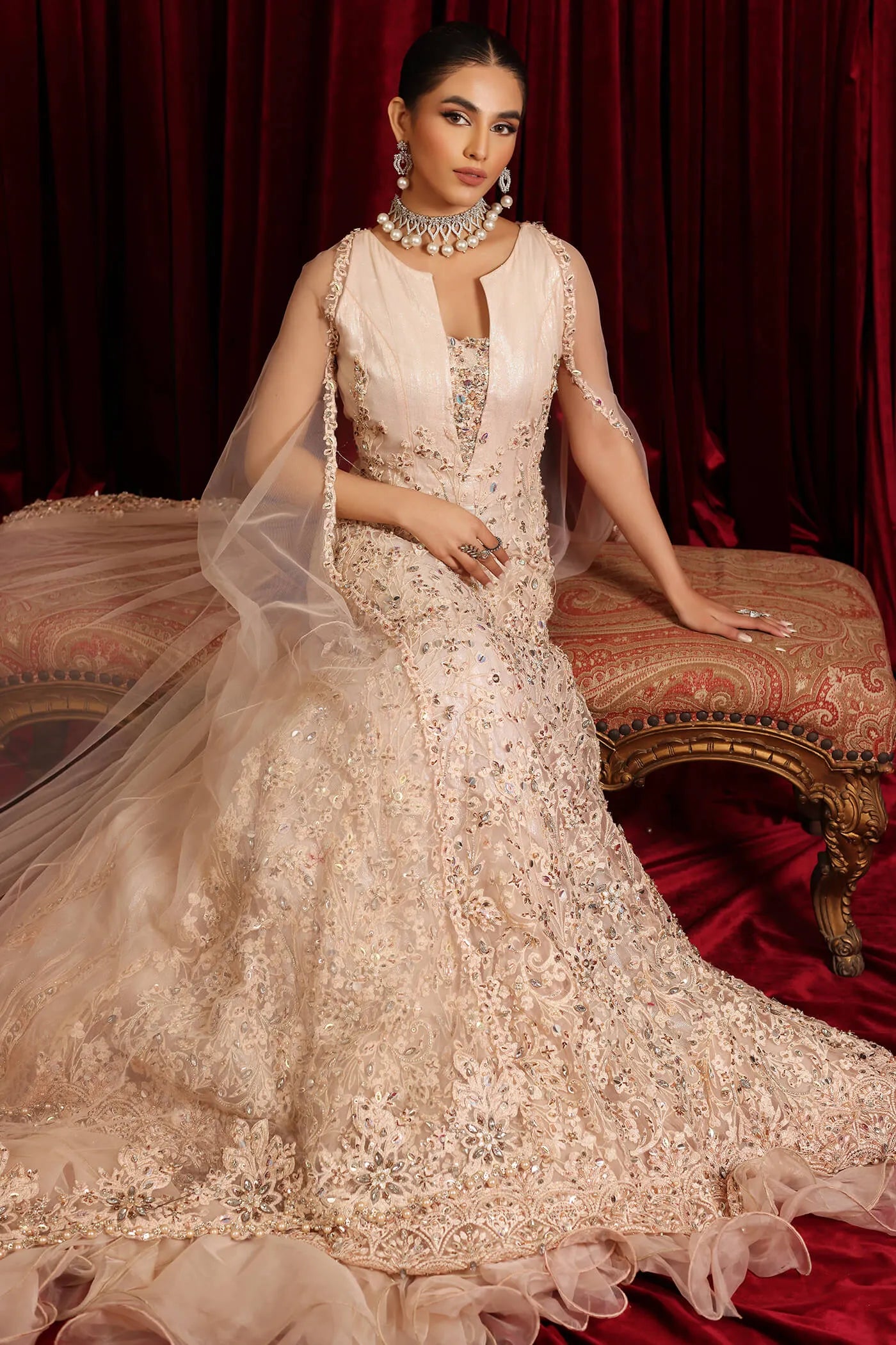 Model in Musferah Saad Starlit Queen, a Pakistani bridal gown in UK.