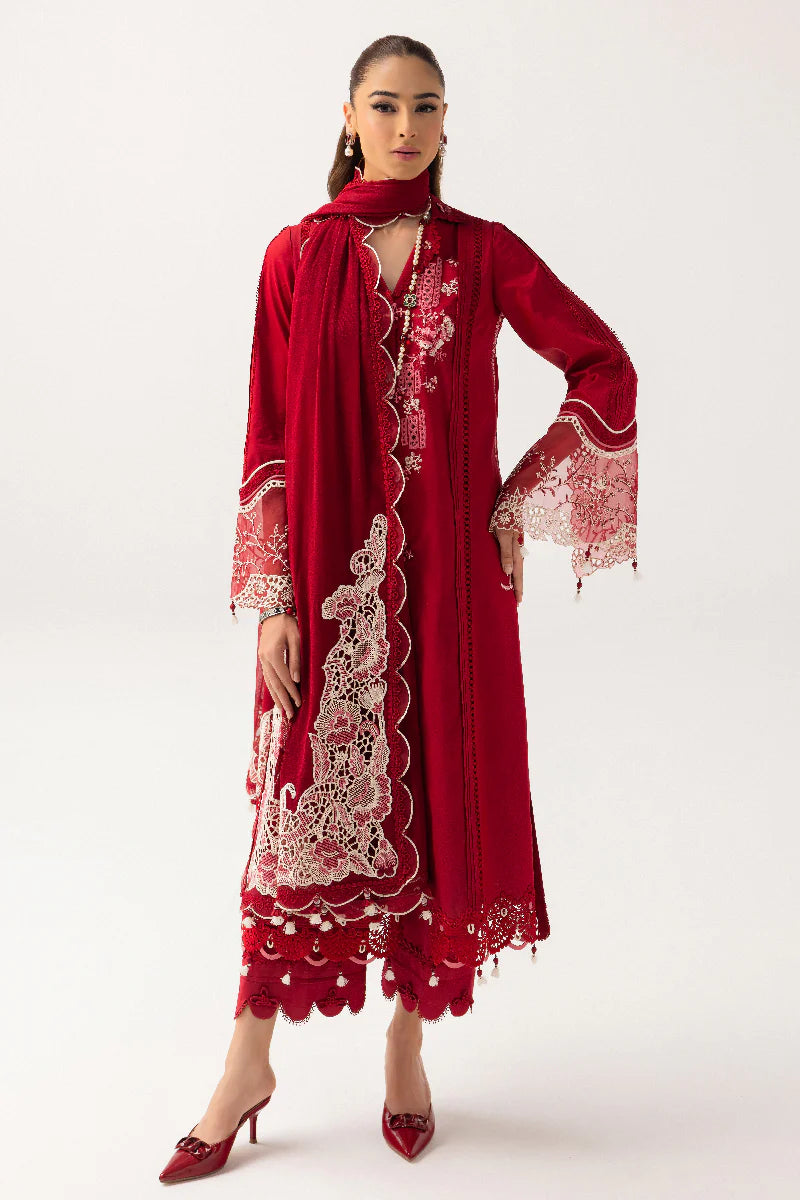 Please write an alt text for a Shopify product image. The alt text should be no more than 125 characters long, clearly describe the image, and incorporate relevant SEO keywords for the product. 
The product is Qalamkar | Basic Pret '25 | KT-03 Naire and the image features model wearing KT-03 Naire from Qalamkar. Aim to highlight keywords of brand name such as Saffron and Pakistani clothes online in UK, Pakistani Luxury pret etc. and ensure the alt text is both descriptive and engaging for SEO purposes.