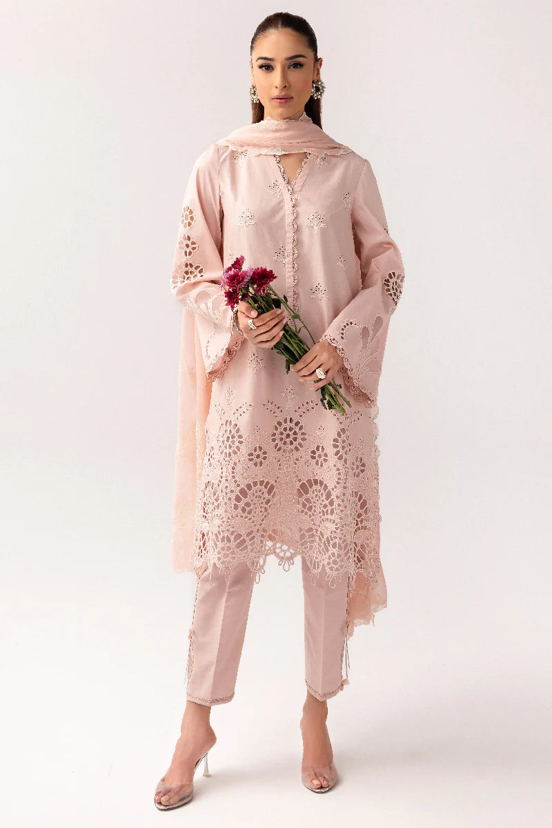 Model wearing soft pink embroidered dress from Qalamkar Basic Pret '25 KT-05 Shareen, Saffron Pakistani Luxury pret online in UK.